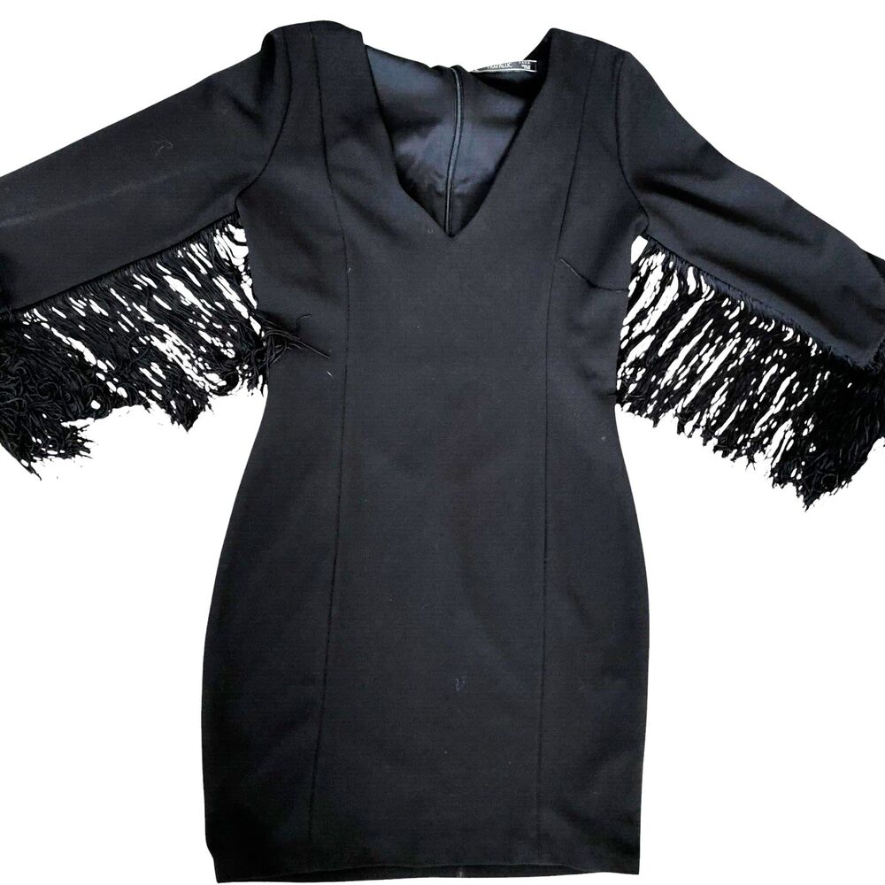Zara Black Mini Dress with Fringe Sleeves